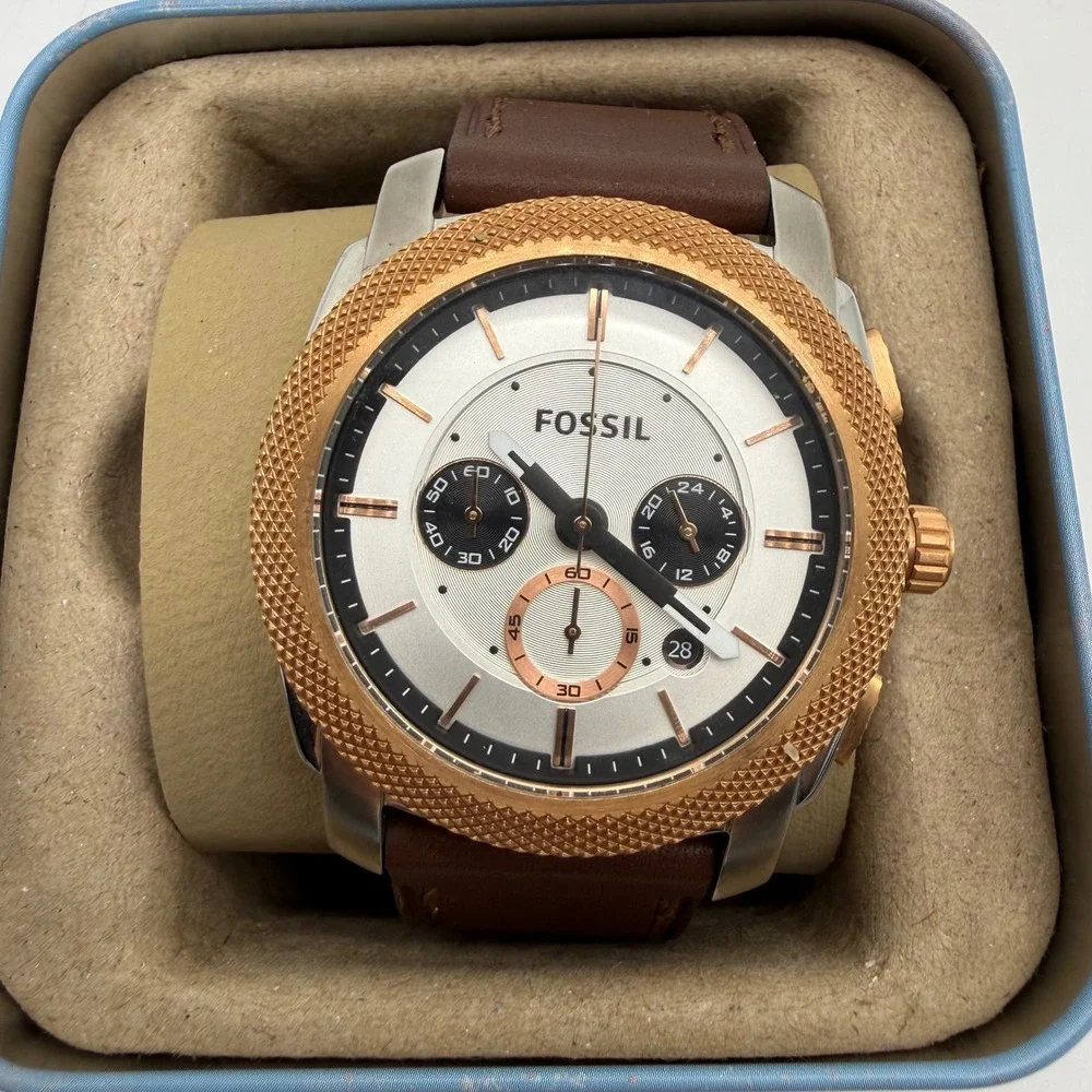 Fossil Watch Men Brown FS-4714 Machine Chronograph Rose Gold Bezel Leather Strap